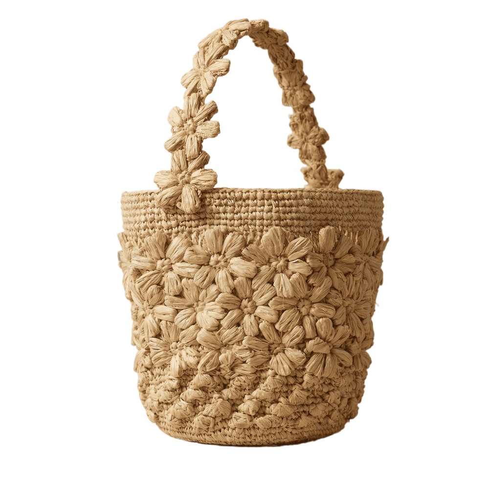 Crochet Bag Raffia - กระเป๋าถือสานทรงถังสำหรับผู้หญิง ฤดูร้อน ทำจากเส้นใยราฟเฟีย ประดับดอกโครเชต์ ทำมือ สไตล์ฝรั่งเศส