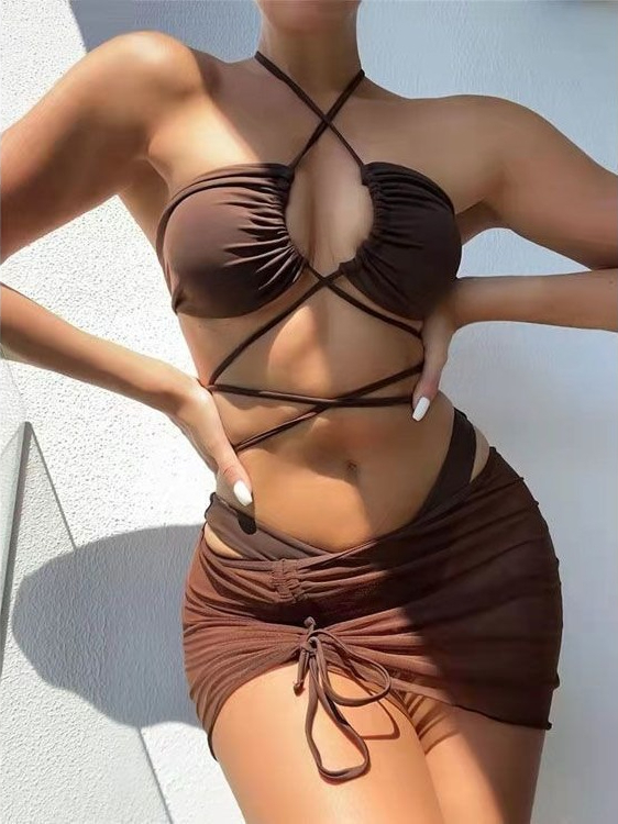Swimsuit Bikini Ruched - ชุดบิกินี่เอวสูงสำหรับผู้หญิง รุ่นใหม่ปี 2026 ชุดว่ายน้ำเซ็กซี่ทันสมัย สีพื้น ชุดชายหาดสำหรับวันหยุดฤดูร้อน