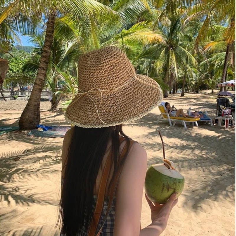 Hat Floppy Wide - หมวกสานปีกกว้างสำหรับผู้หญิง 1 ชิ้น หมวกปานามาสำหรับฤดูร้อน ใส่ไปเที่ยวทะเล ระบายอากาศได้ดี