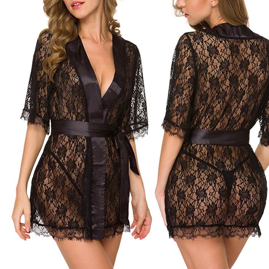 Kimono Sheer Floral - ชุดนอนลูกไม้ลายดอกไม้ คอวี สำหรับผู้หญิง เซ็กซี่ โปร่งแสง ผ้าตาข่าย