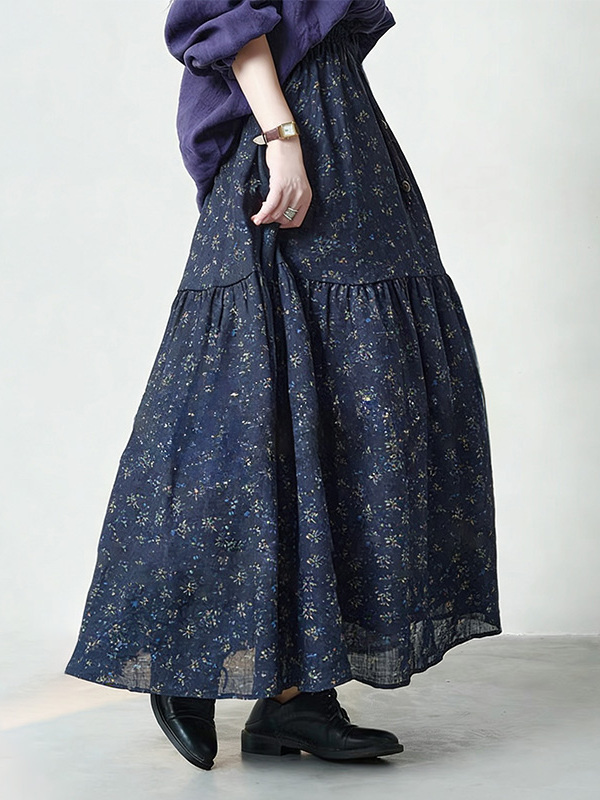 Midi Skirt Floral - กระโปรงทรงเอเอวสูงลายดอกไม้ ไซส์ใหญ่สำหรับผู้หญิง สไตล์ใหม่สำหรับฤดูใบไม้ผลิและฤดูร้อน กระโปรงลำลองผ้าฝ้ายผสม