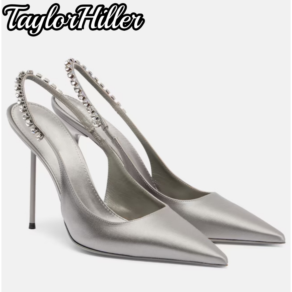 Sandal Strappy Heeled - รองเท้าส้นสูงประดับเพชรแบบสายรัดหรูหรา ดีไซน์แปลกตา ผ้าซาตินสีเทา หนังแก้ว รองเท้าส้นสูงสำหรับงานเลี้ยง รุ่นปี