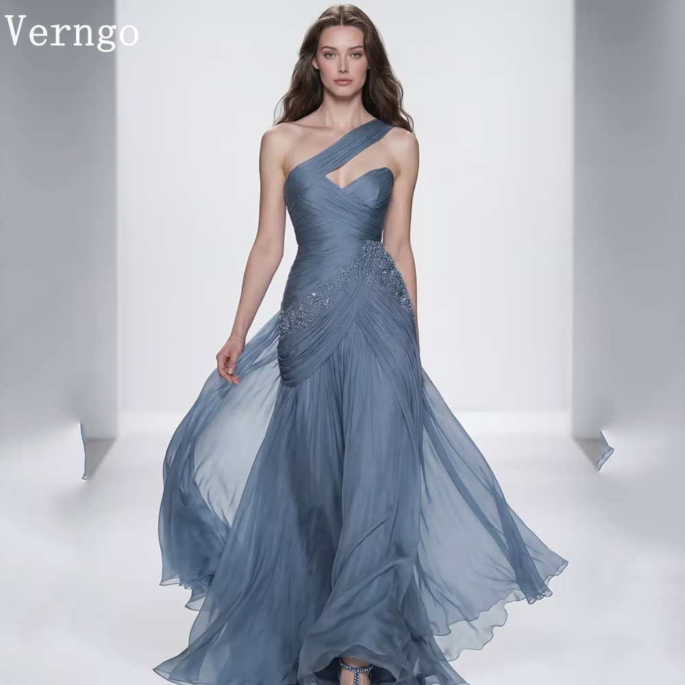 Maxi Dress Halter - เวอร์นโก ดัสตี้ บลูชีฟฟอนชุดราตรีไหล่เดียวทรงเอแม็กซี่สง่างามประดับด้วยเลื่อมชุดเดรสอย่างเป็นทางการแบบกำหนดเองได้