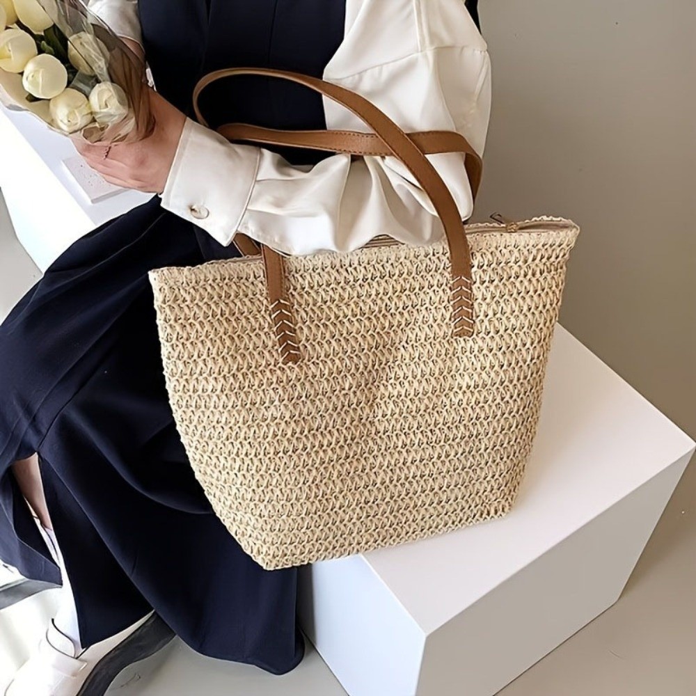 กระเป๋าถือสานสีพื้นแฟชั่น กระเ - Tote Bag Beach บทวิจารณ์และราคา
