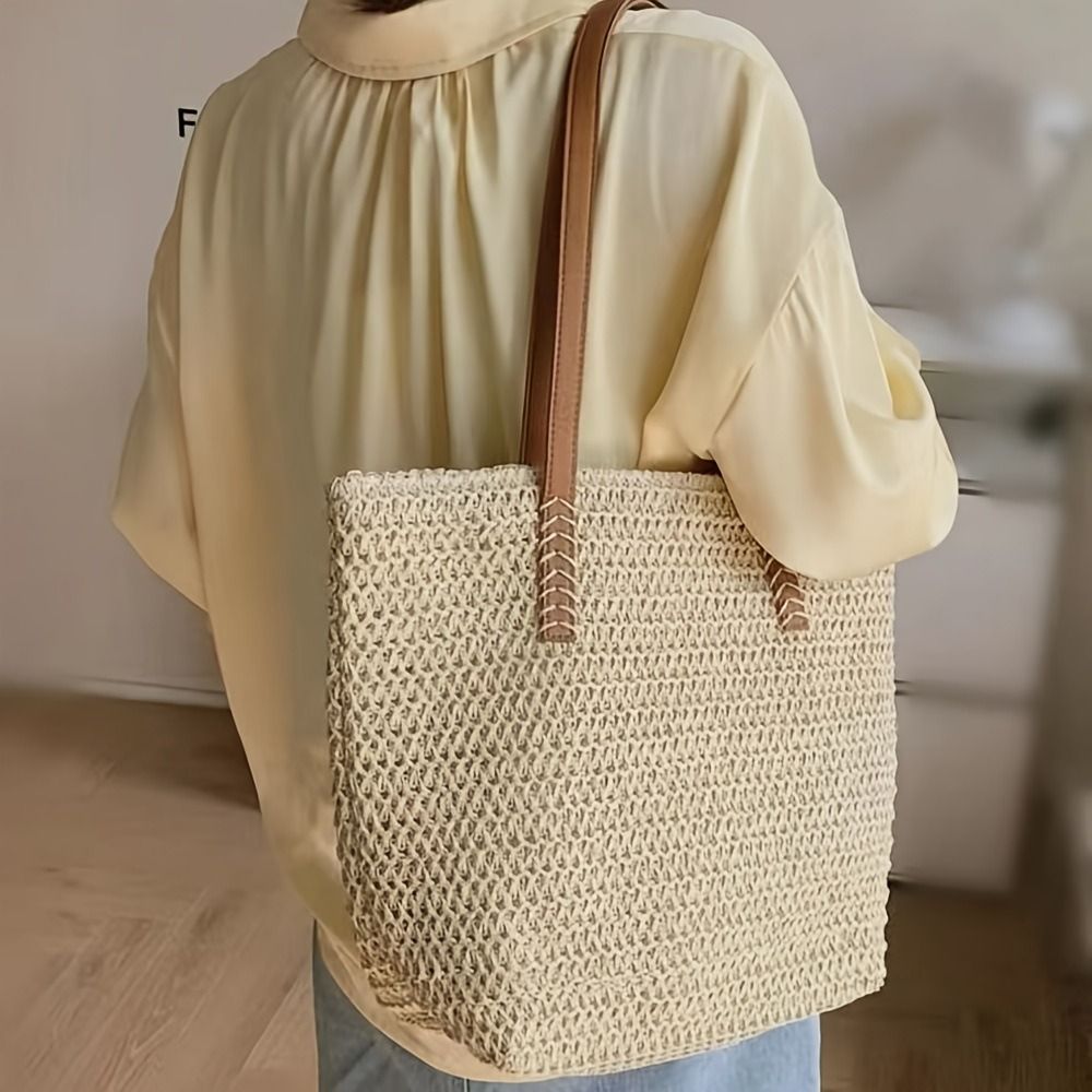 กระเป๋าถือสานสีพื้นแฟชั่น กระเ - Tote Bag Beach บทวิจารณ์และราคา