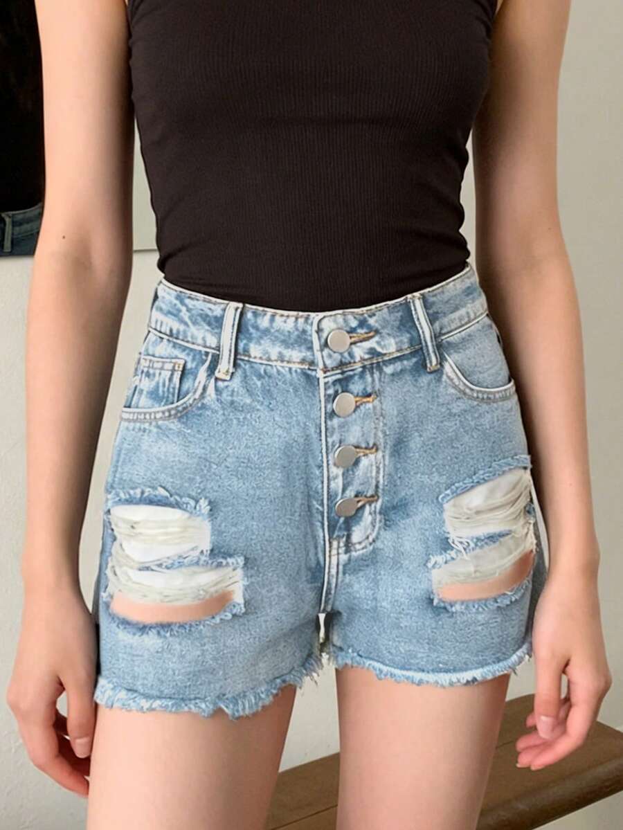 กางเกงยีนส์ขาสั้นเอวกลางสำหรับ - Shorts Denim Frayed บทวิจารณ์และราคา