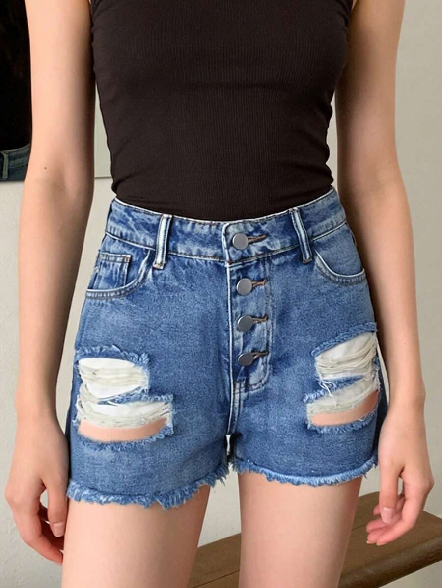 กางเกงยีนส์ขาสั้นเอวกลางสำหรับ - Shorts Denim Frayed บทวิจารณ์และราคา