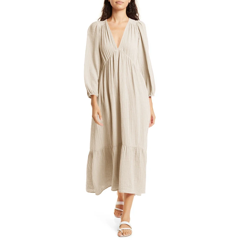 เดรสแขนยาวผ้าฝ้าย100% มัสลินสำ - Linen Dress Wrap บทวิจารณ์และราคา