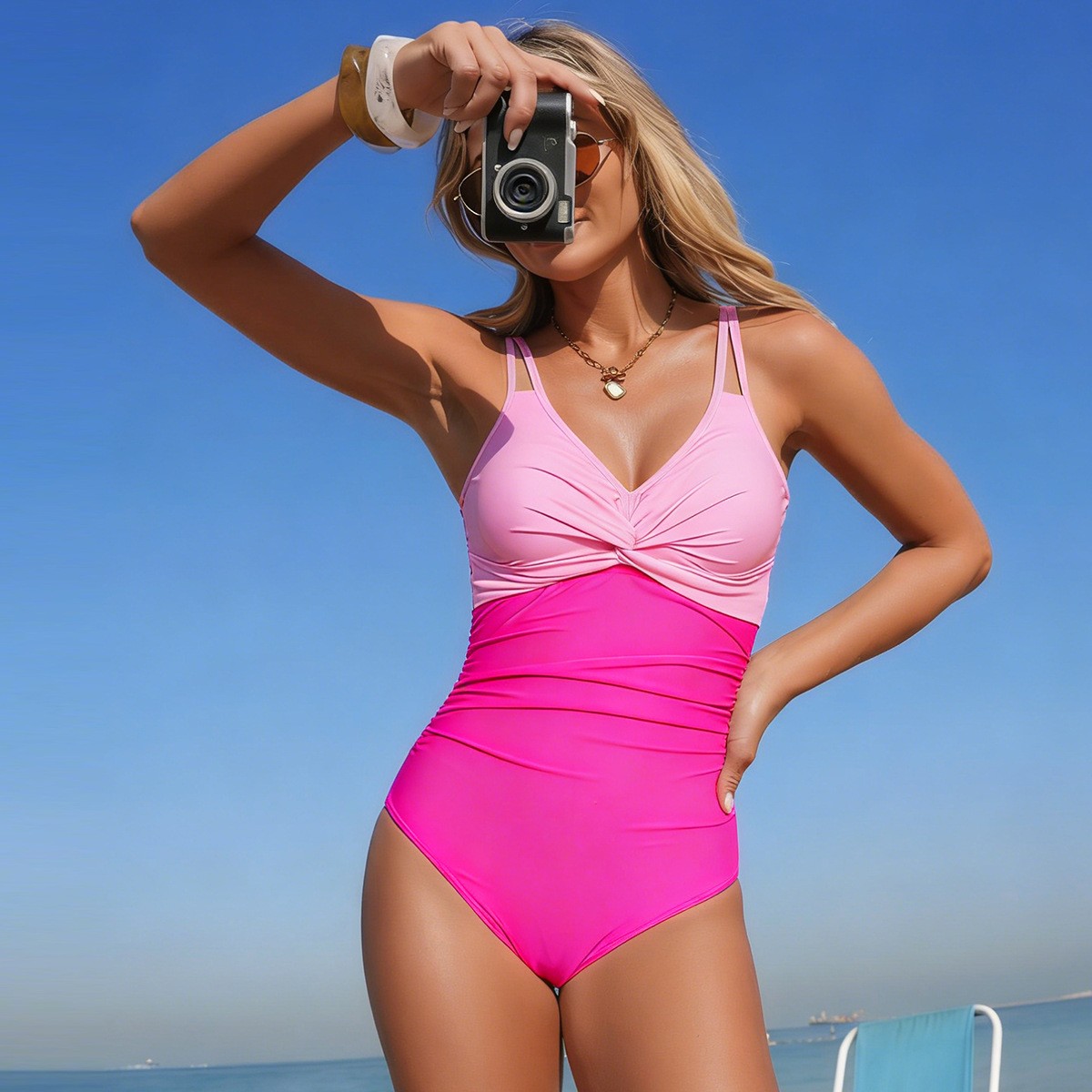 ชุดว่ายน้ำวันพีซคอวี ด้านหน้าแ - Swimsuit Bikini Ruched บทวิจารณ์และราคา
