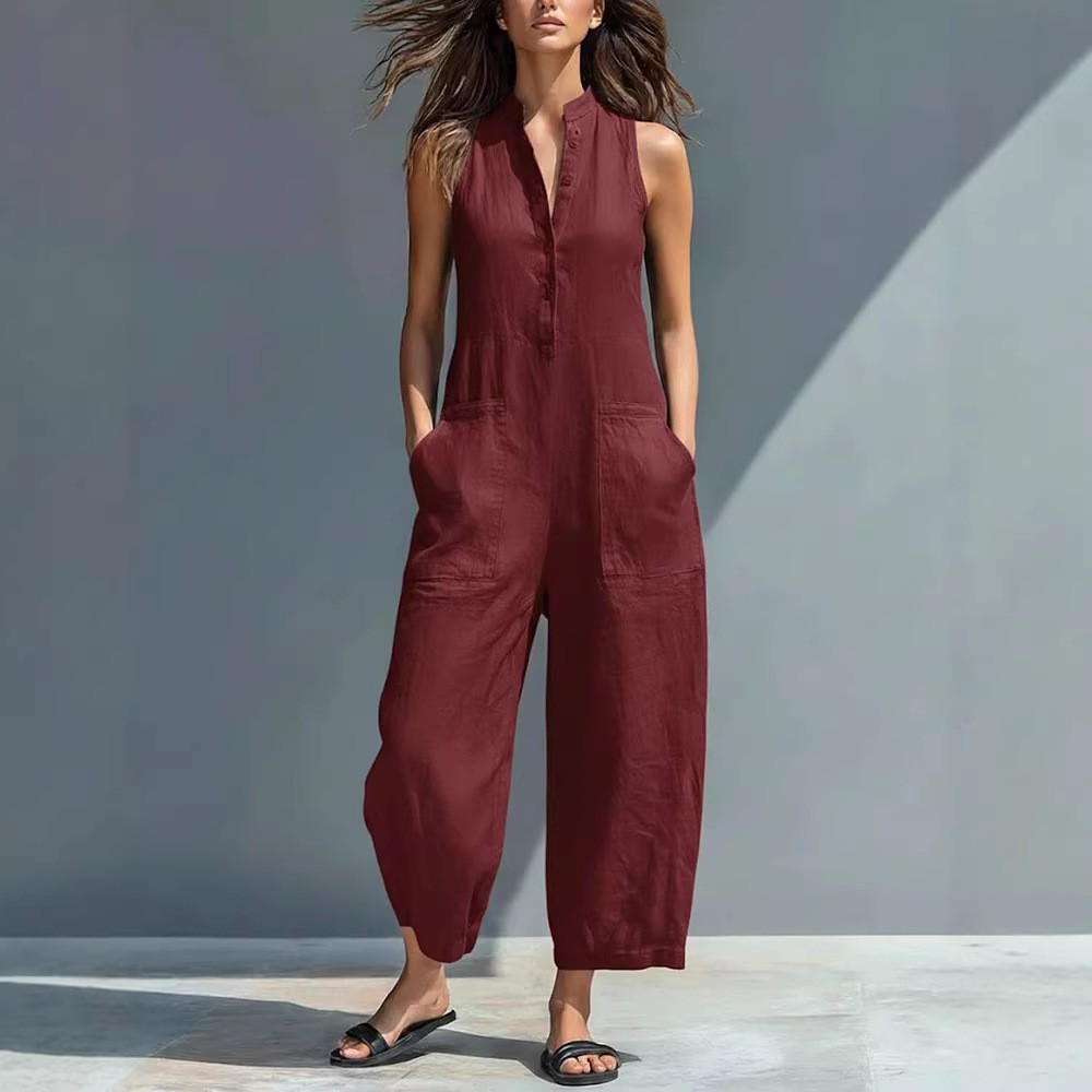 ชุดจั๊มสูทผู้หญิงแบบไม่มีแขน ค - Jumpsuit Linen Relaxed บทวิจารณ์และราคา