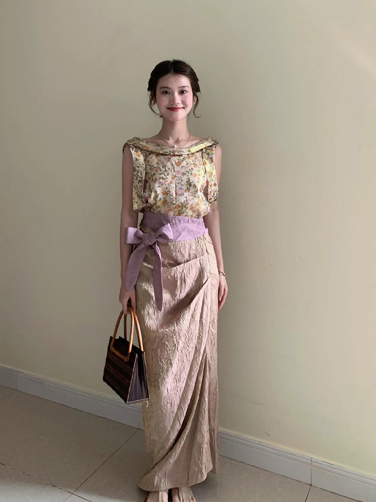 ชุดเสื้อแขนกุดลายดอกวินเทจ XZY - Midi Skirt Floral บทวิจารณ์และราคา