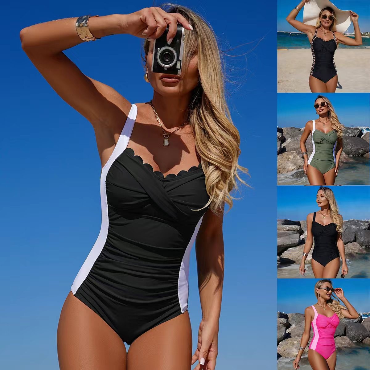 ชุดว่ายน้ำสีดำ คอเสื้อแบบสแกลล - Swimsuit Bikini Ruched บทวิจารณ์และราคา