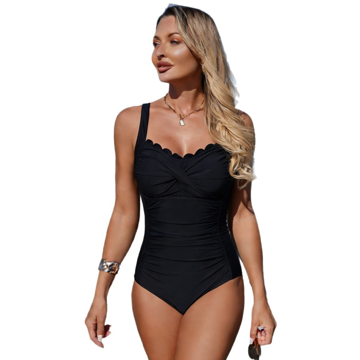 ชุดว่ายน้ำสีดำ คอเสื้อแบบสแกลล - Swimsuit Bikini Ruched บทวิจารณ์และราคา