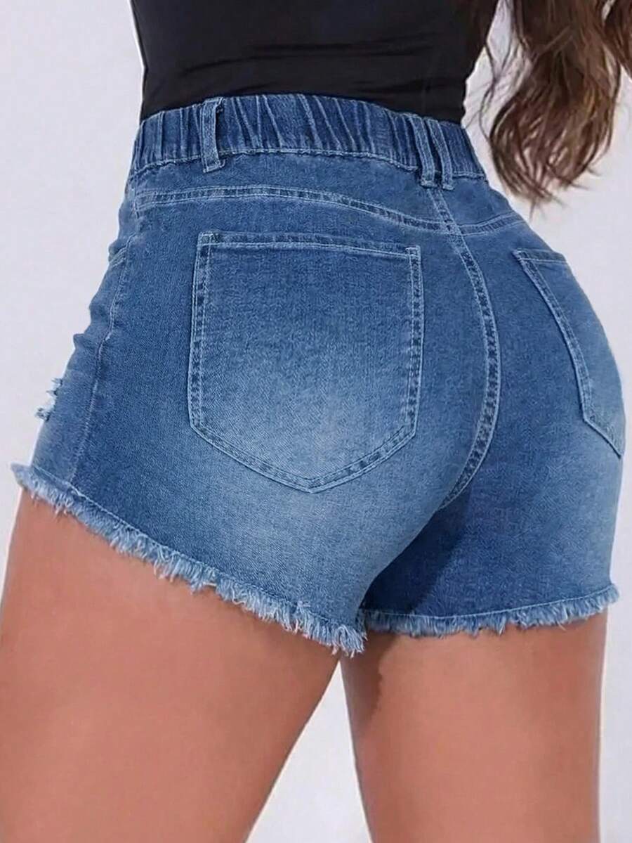 กางเกงขาสั้นผ้ายีนส์เอวยางยืดส - Shorts Denim Frayed บทวิจารณ์และราคา