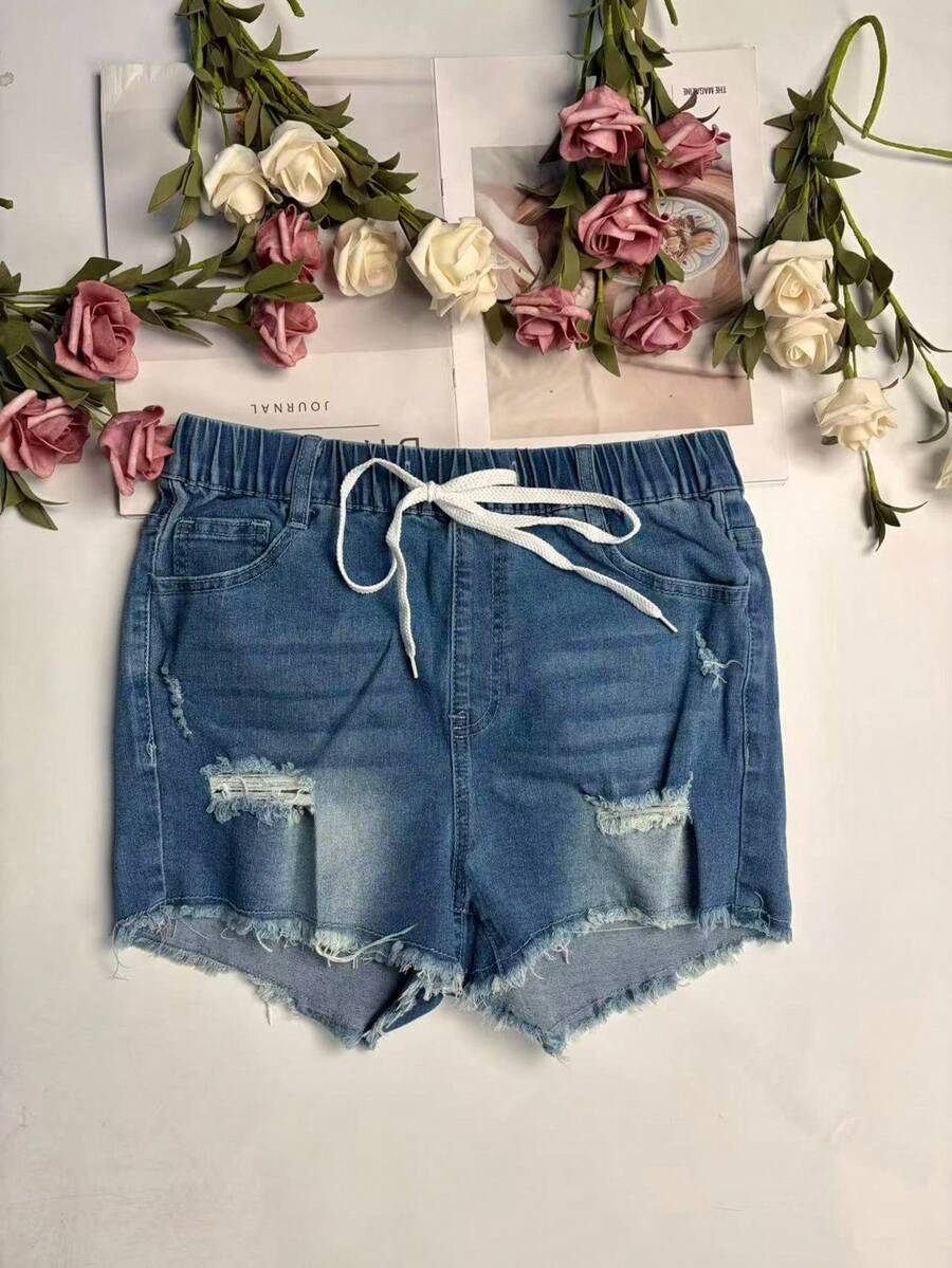 กางเกงขาสั้นผ้ายีนส์เอวยางยืดส - Shorts Denim Frayed บทวิจารณ์และราคา