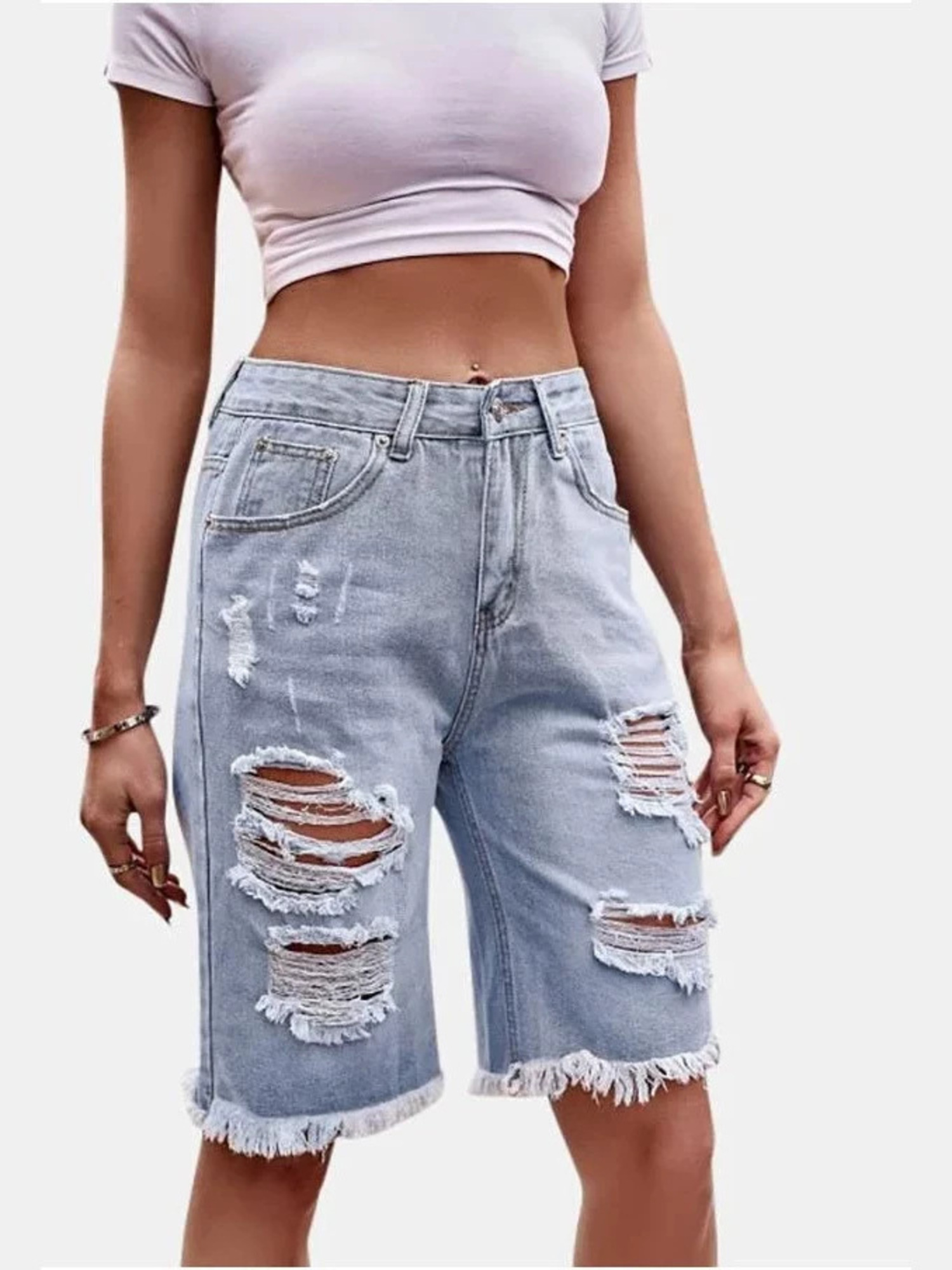 กางเกงยีนส์ขาสั้นเอวสูงสำหรับผ - Shorts Denim Frayed บทวิจารณ์และราคา