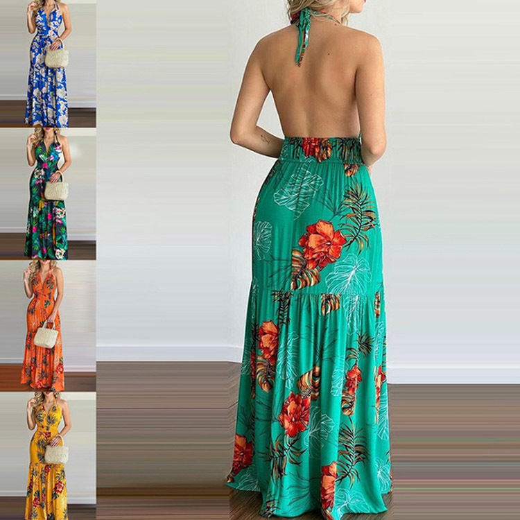 เดรสยาวลายดอกไม้ เปิดหลัง สำหร - Maxi Dress Halter บทวิจารณ์และราคา