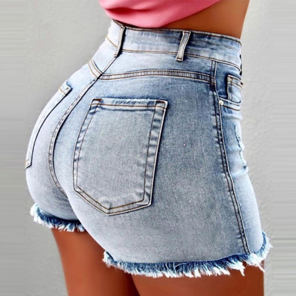 กางเกงยีนส์ขาสั้นเอวสูงสำหรับผ - Shorts Denim Frayed บทวิจารณ์และราคา