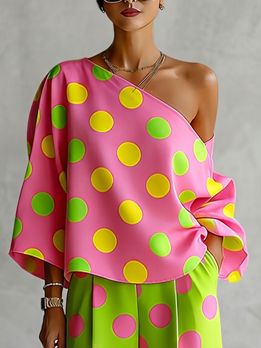 ชุดเซ็ต 2 ชิ้นลายจุดสำหรับผู้ห - Blouse Off Shoulder บทวิจารณ์และราคา