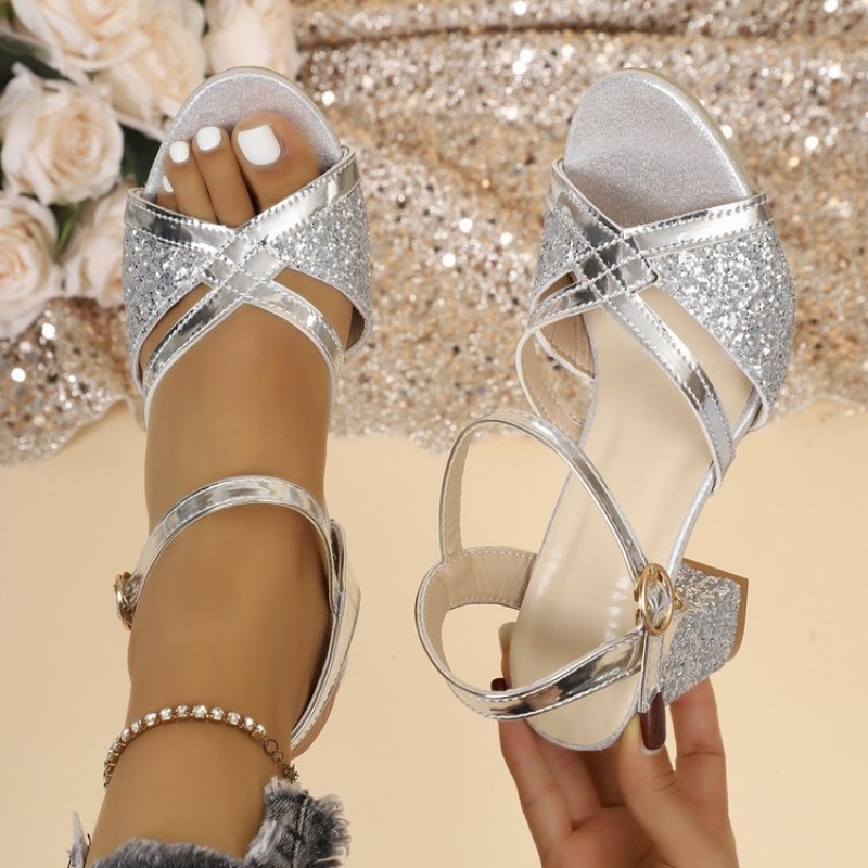 รองเท้าส้นบล็อกแบบเปิดนิ้วเท้า - Sandal Strappy Heeled บทวิจารณ์และราคา
