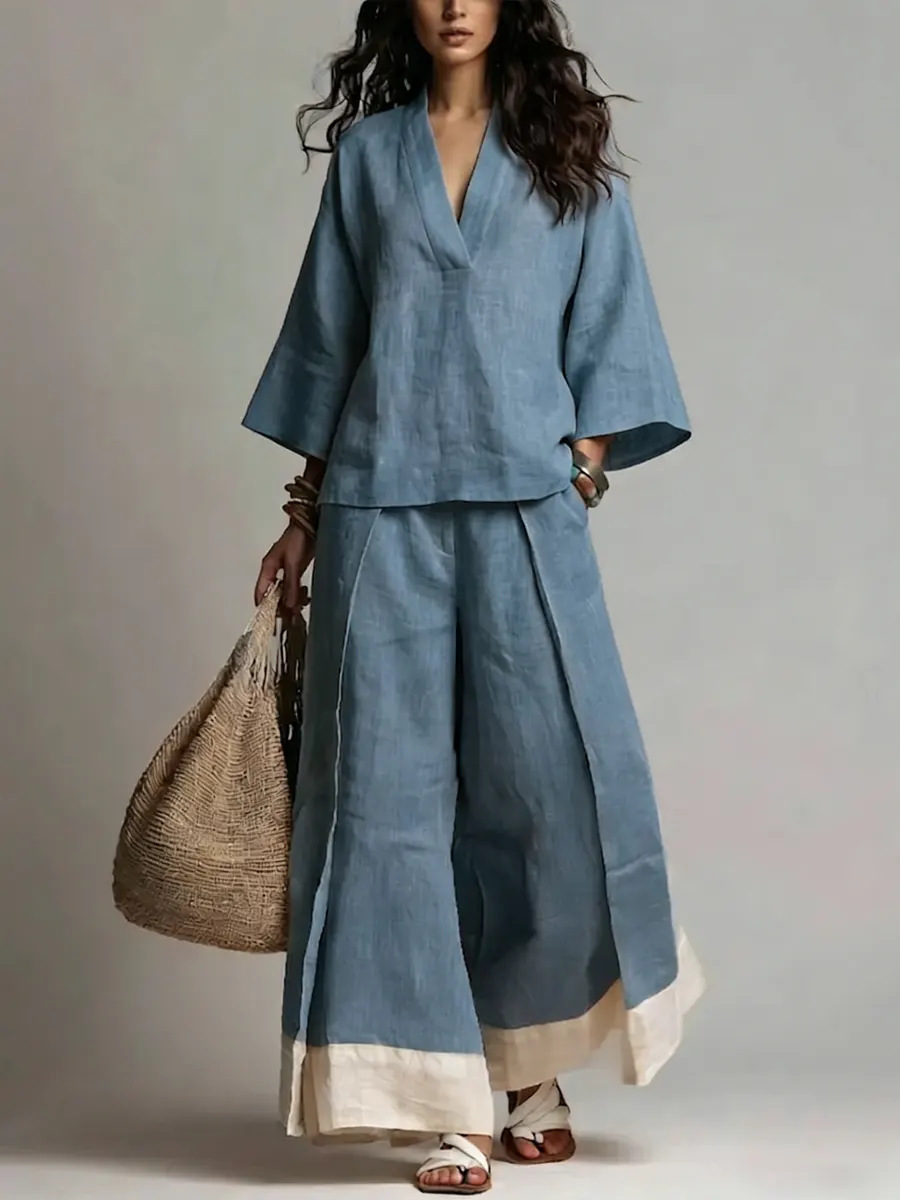 ชุดเซ็ตผ้าฝ้ายลินินคอวีสำหรับฤ - Linen Pant Wide บทวิจารณ์และราคา