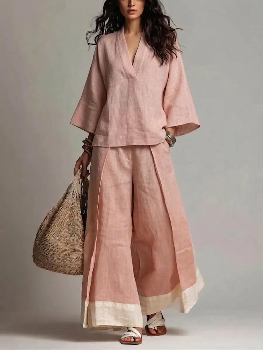 ชุดเซ็ตผ้าฝ้ายลินินคอวีสำหรับฤ - Linen Pant Wide บทวิจารณ์และราคา