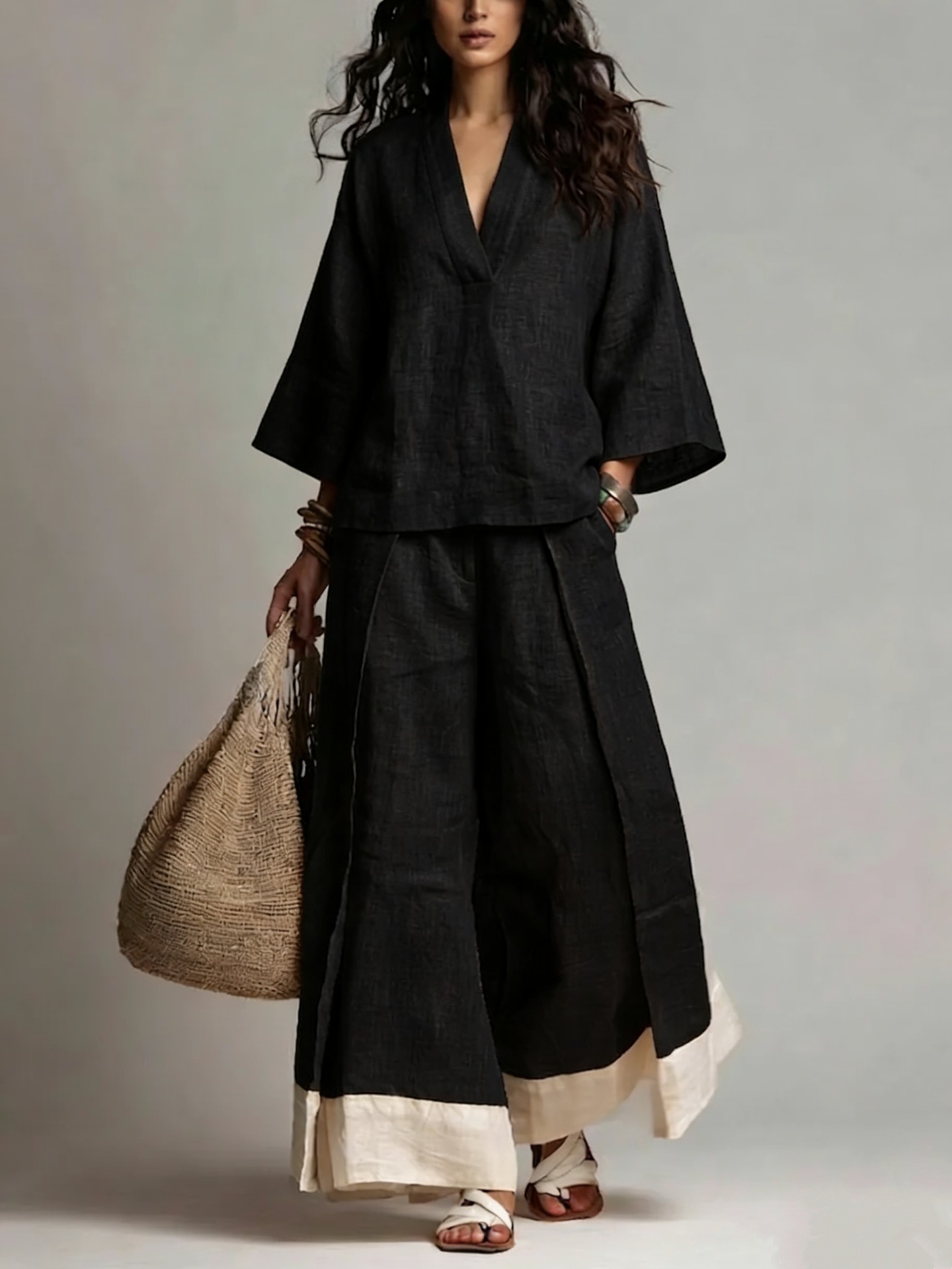 ชุดเซ็ตผ้าฝ้ายลินินคอวีสำหรับฤ - Linen Pant Wide บทวิจารณ์และราคา