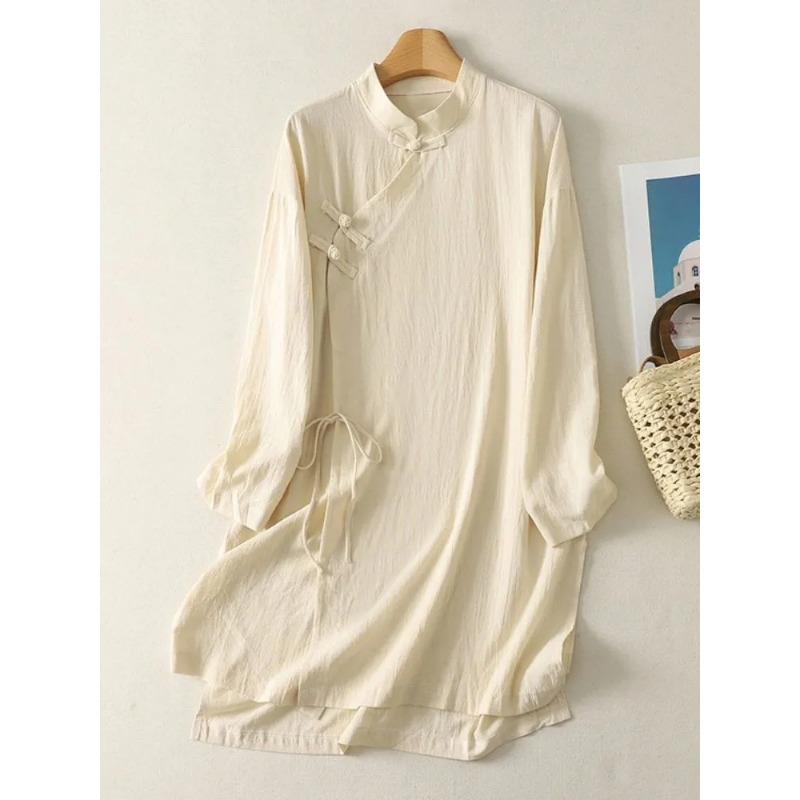 ชุดเดรสผ้าลินินสไตล์จีนสำหรับผ - Linen Dress Wrap บทวิจารณ์และราคา