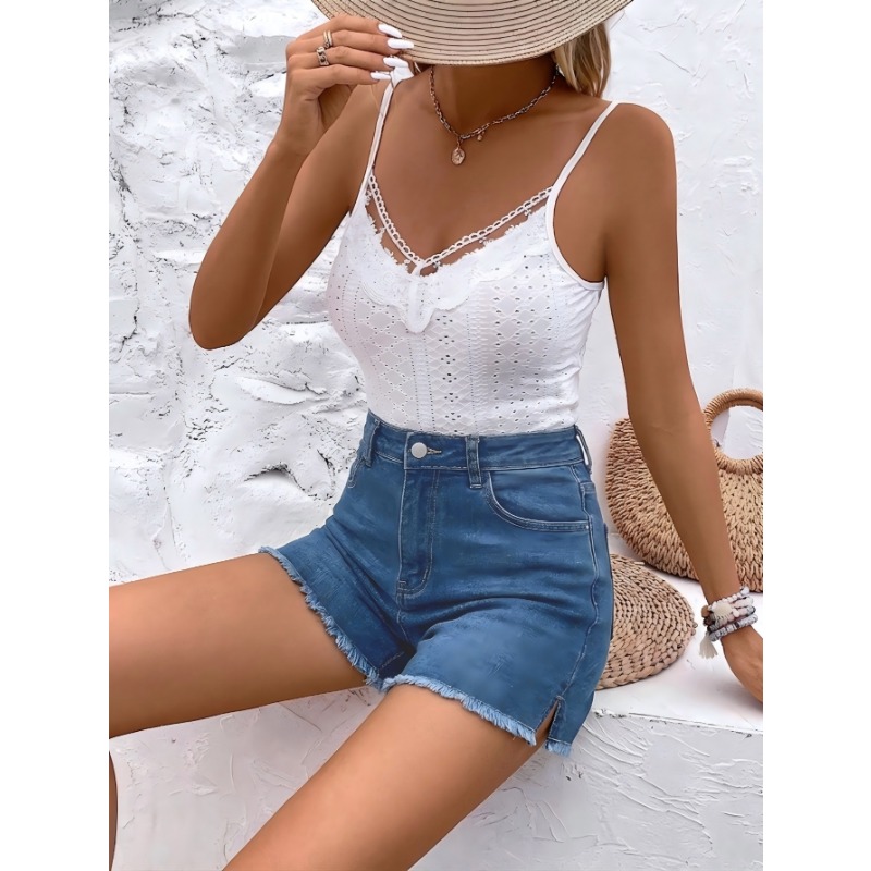 กางเกงยีนส์ขาสั้นเอวสูงสำหรับผ - Shorts Denim Frayed บทวิจารณ์และราคา
