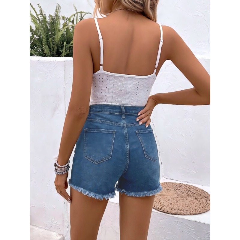 กางเกงยีนส์ขาสั้นเอวสูงสำหรับผ - Shorts Denim Frayed บทวิจารณ์และราคา