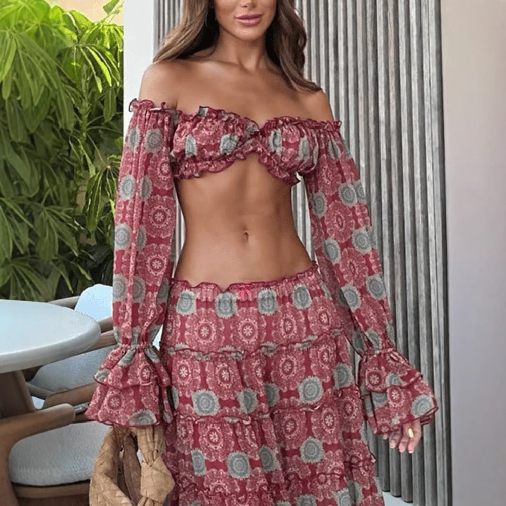 ชุดเซ็ตกระโปรงพิมพ์ลายวินเทจสอ - Romper Floral Print บทวิจารณ์และราคา