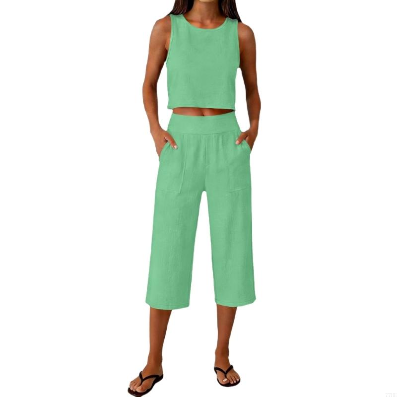 77HE ผู้หญิง 2 ชิ้นชุด Crop To - Linen Pant Wide บทวิจารณ์และราคา