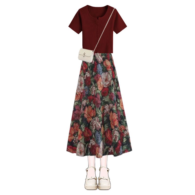 ผู้หญิง Lucky ไวน์แดงเสื้อยืดก - Midi Skirt Floral บทวิจารณ์และราคา