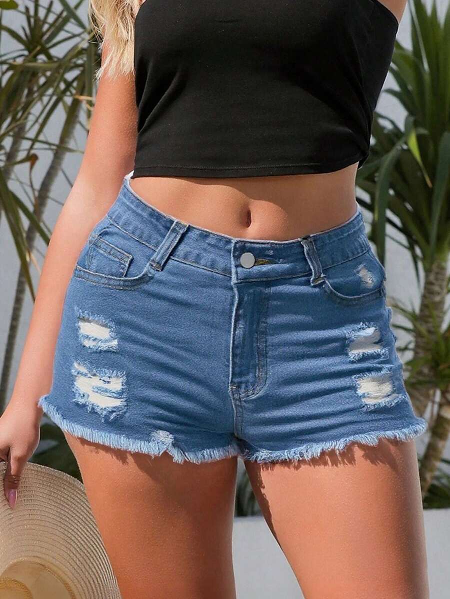 กางเกงยีนส์ขาสั้นผู้หญิงมีกระเ - Shorts Denim Frayed บทวิจารณ์และราคา