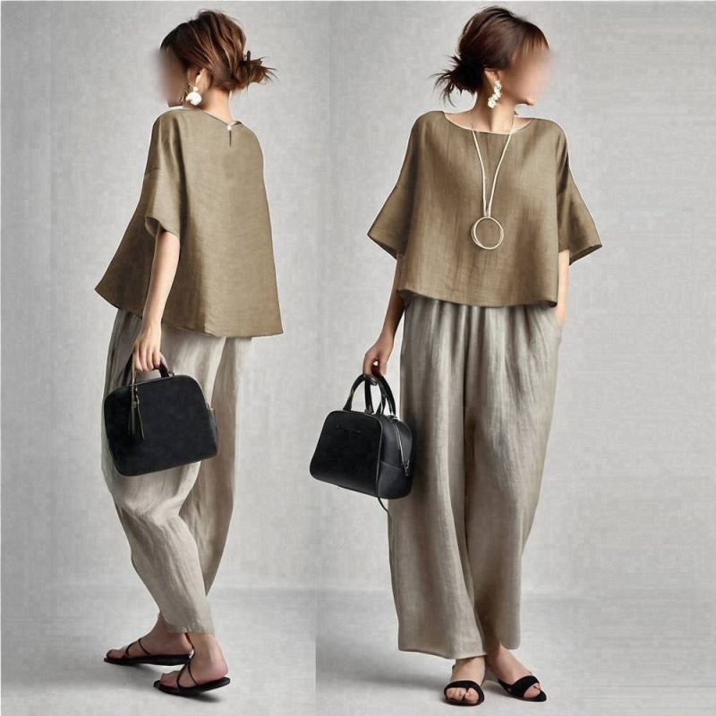 ชุดเซ็ตสองชิ้นสำหรับผู้หญิง เส - Linen Pant Wide บทวิจารณ์และราคา